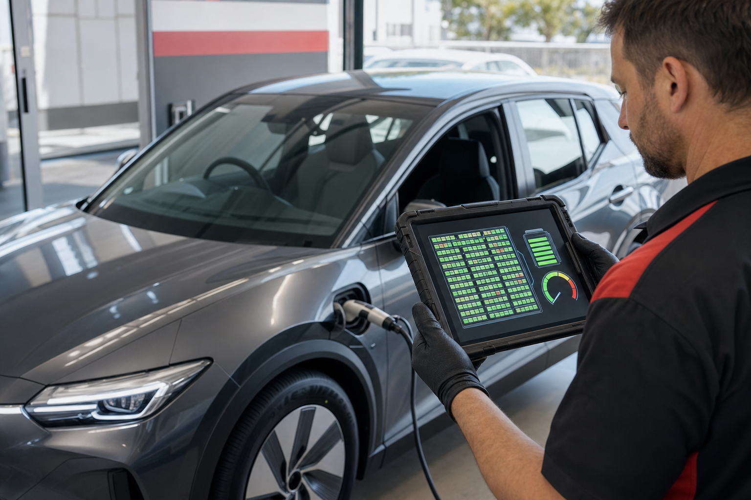 Vehicle inspector reviewing EV battery cell health on a diagnostic tablet