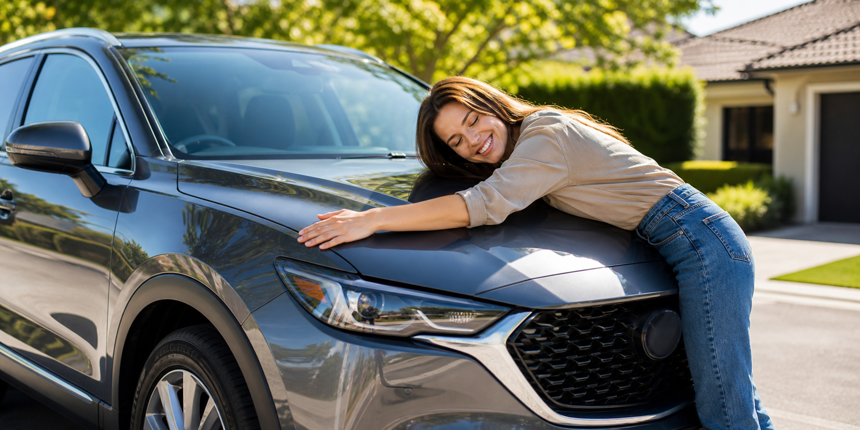 Female customer happily hugging her car