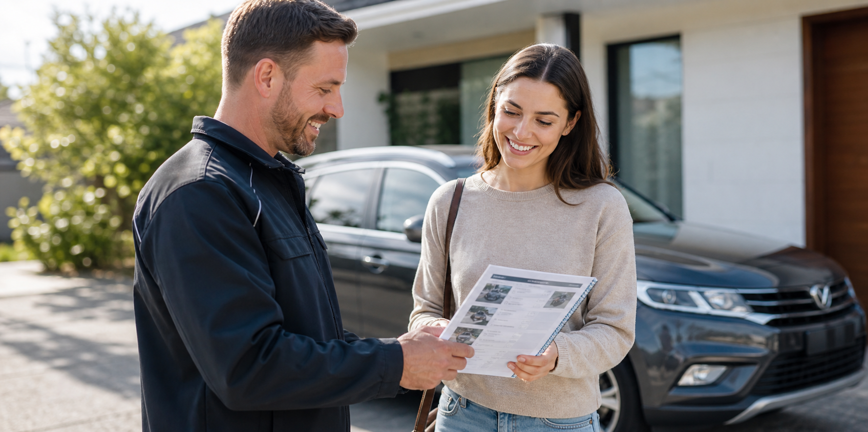 Happy customer receiving a car inspection report